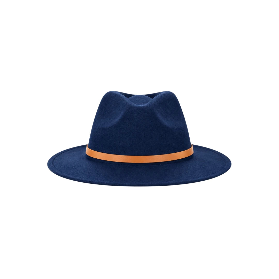 Minur Classic Navy Blue Fedora Hat with Orange Band
